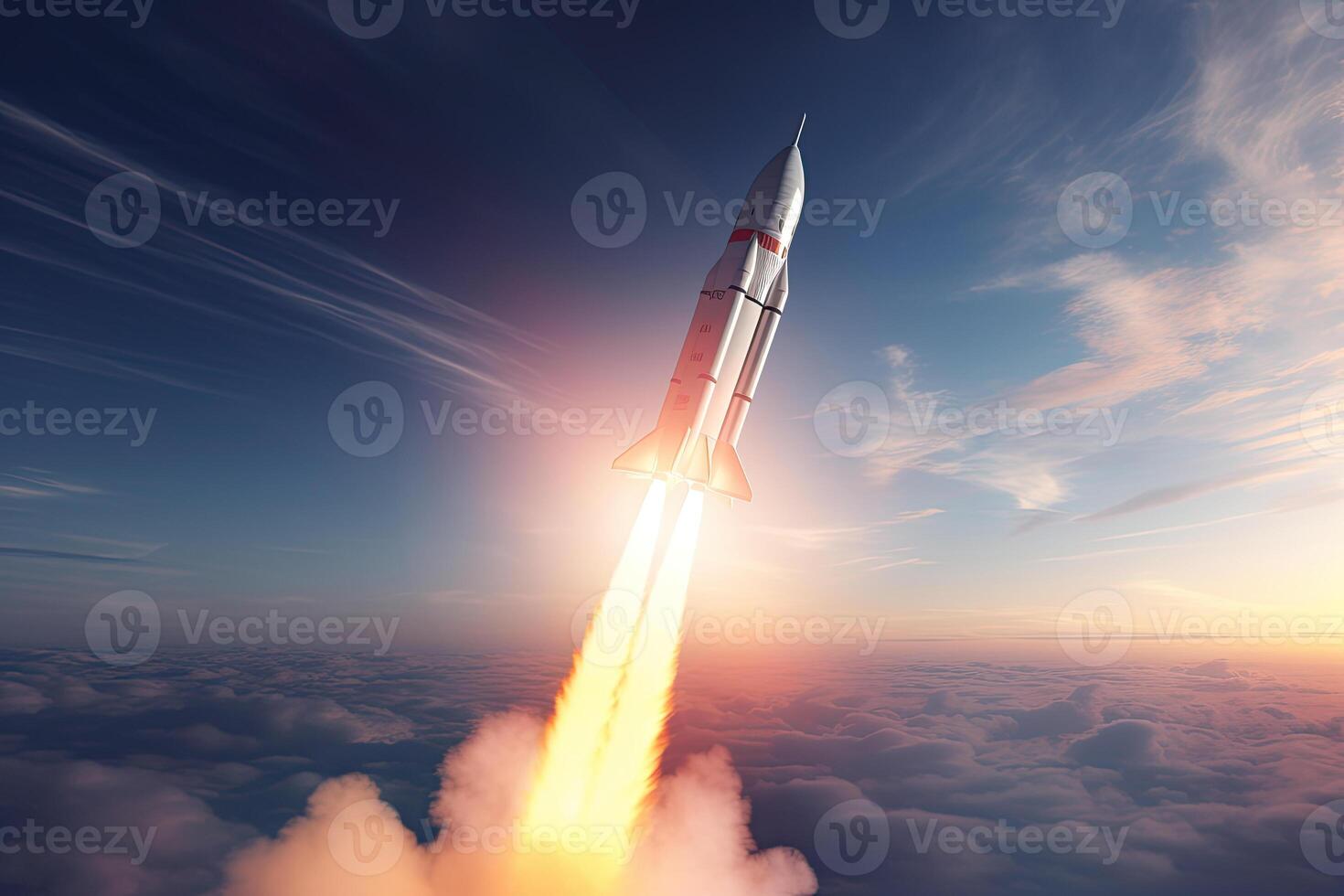 Rakete starten von Kosmodrom. Kampf von Raum Rakete im Blau Himmel. Raum Mission. Raum Shuttle abheben. erstellt mit generativ ai foto