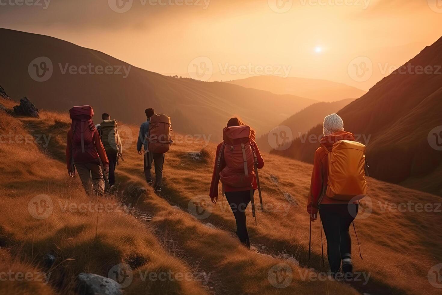 Gruppe von Tourist Wandern im Berge. Reisende mit Rucksäcke im Berge. draussen Aktivitäten. erstellt mit generativ ai foto