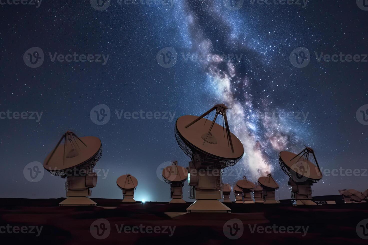 Radio Teleskop beim sternenklar Nacht mit milchig Weg Galaxis. Antenne zum von Raum Signale Forschung. Raum Observatorium. erstellt mit generativ ai foto