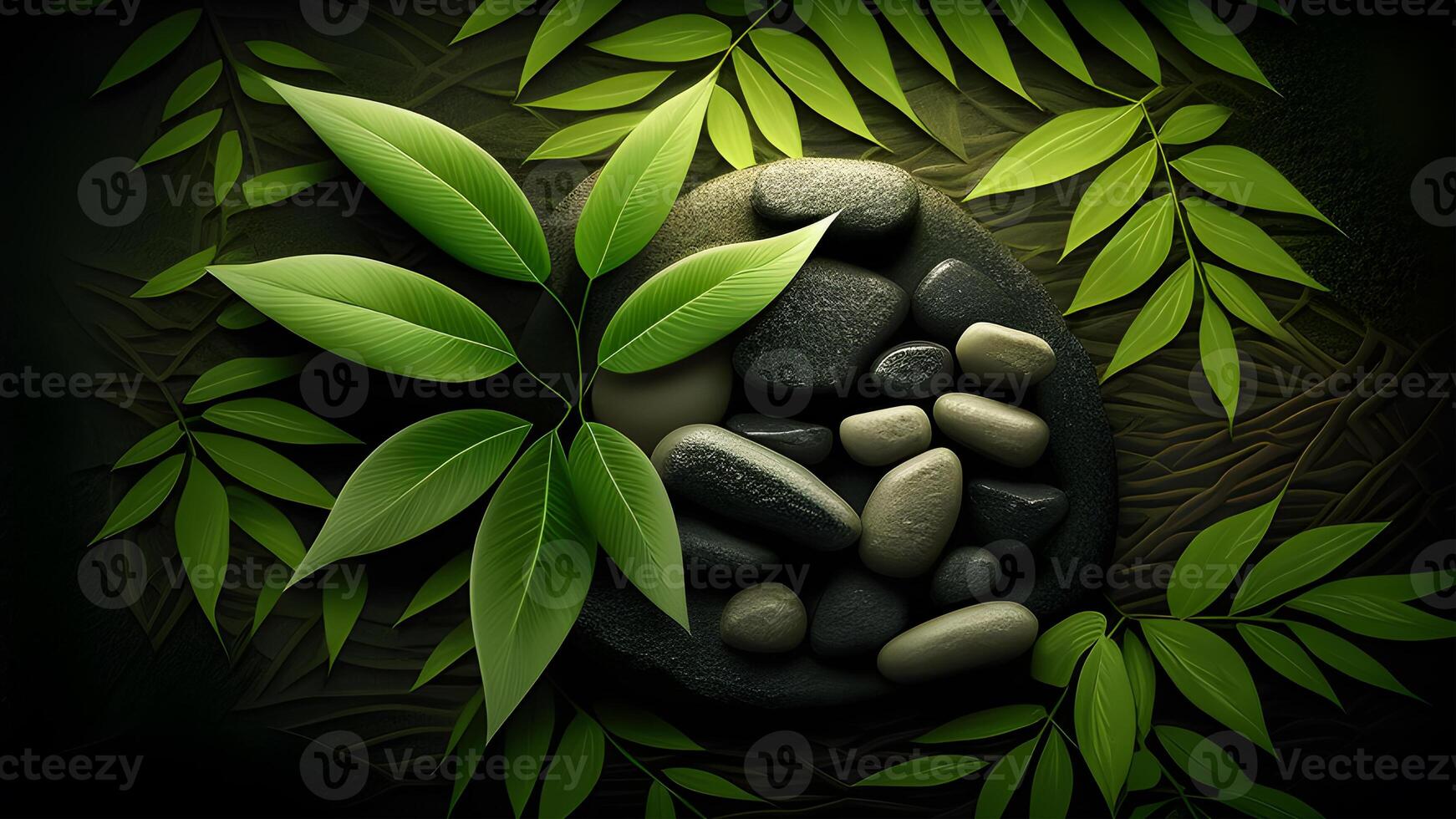 natürlich Spa Illustration Design mit Bambus Grün Blätter und Zen Steine. generativ ai. foto