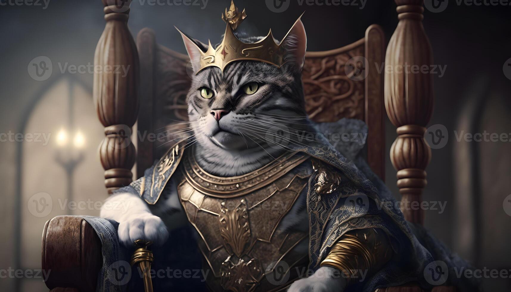 königlich Katzen oder König Katzen tragen Kronen und Kleidung, ai generiert foto