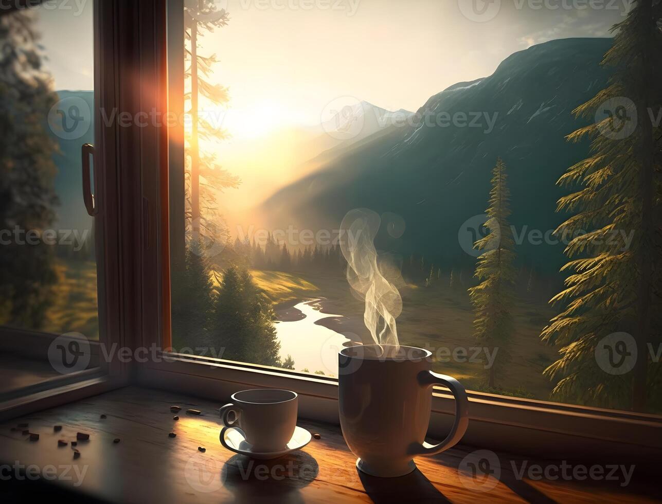 Morgen Tee mit ein Sicht, genießen ein Tasse von heiß Tee mit ein Berg Landschaft durch das Fenster, ai generiert foto