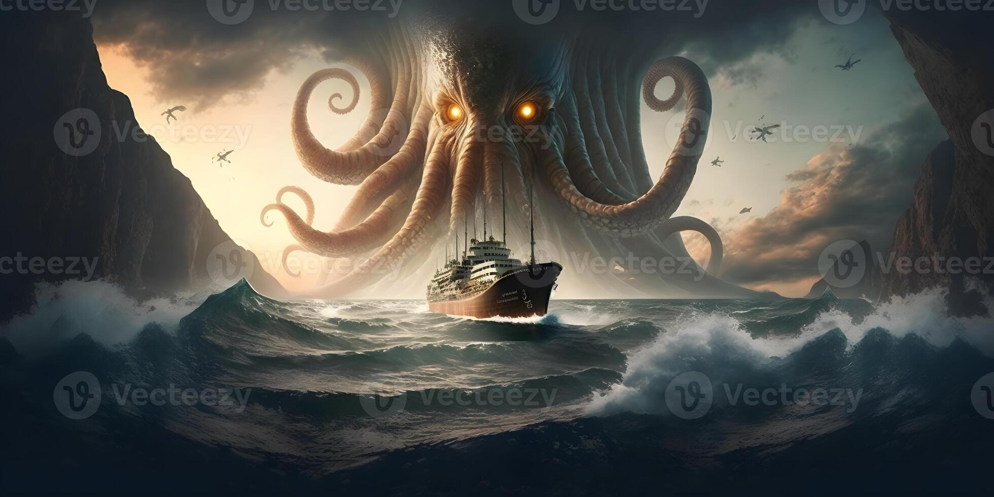 Krake oder cthulhu Attacke auf Schiff im das Ozean, ai generiert foto