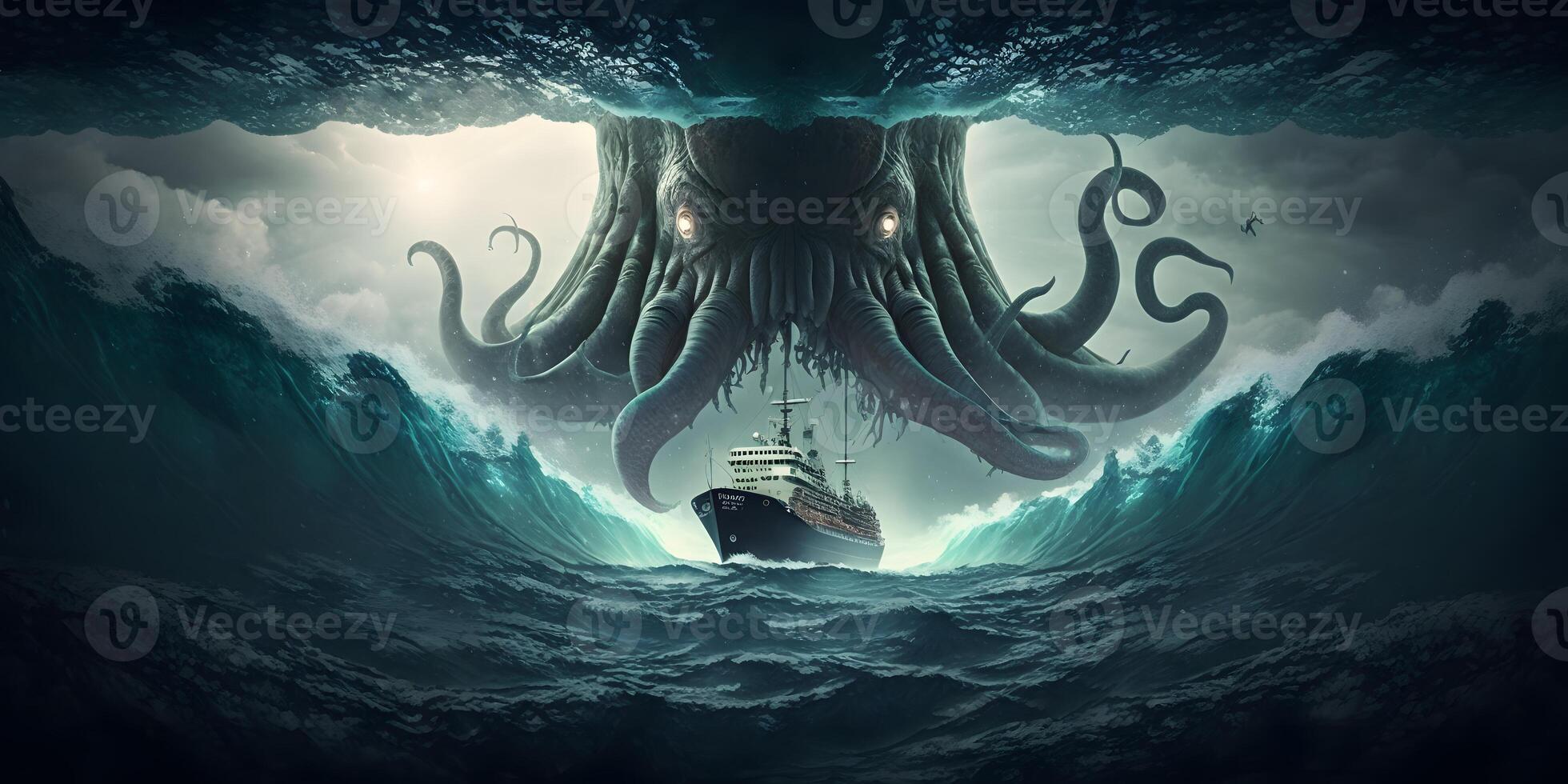 Krake oder cthulhu Attacke auf Schiff im das Ozean, ai generiert foto