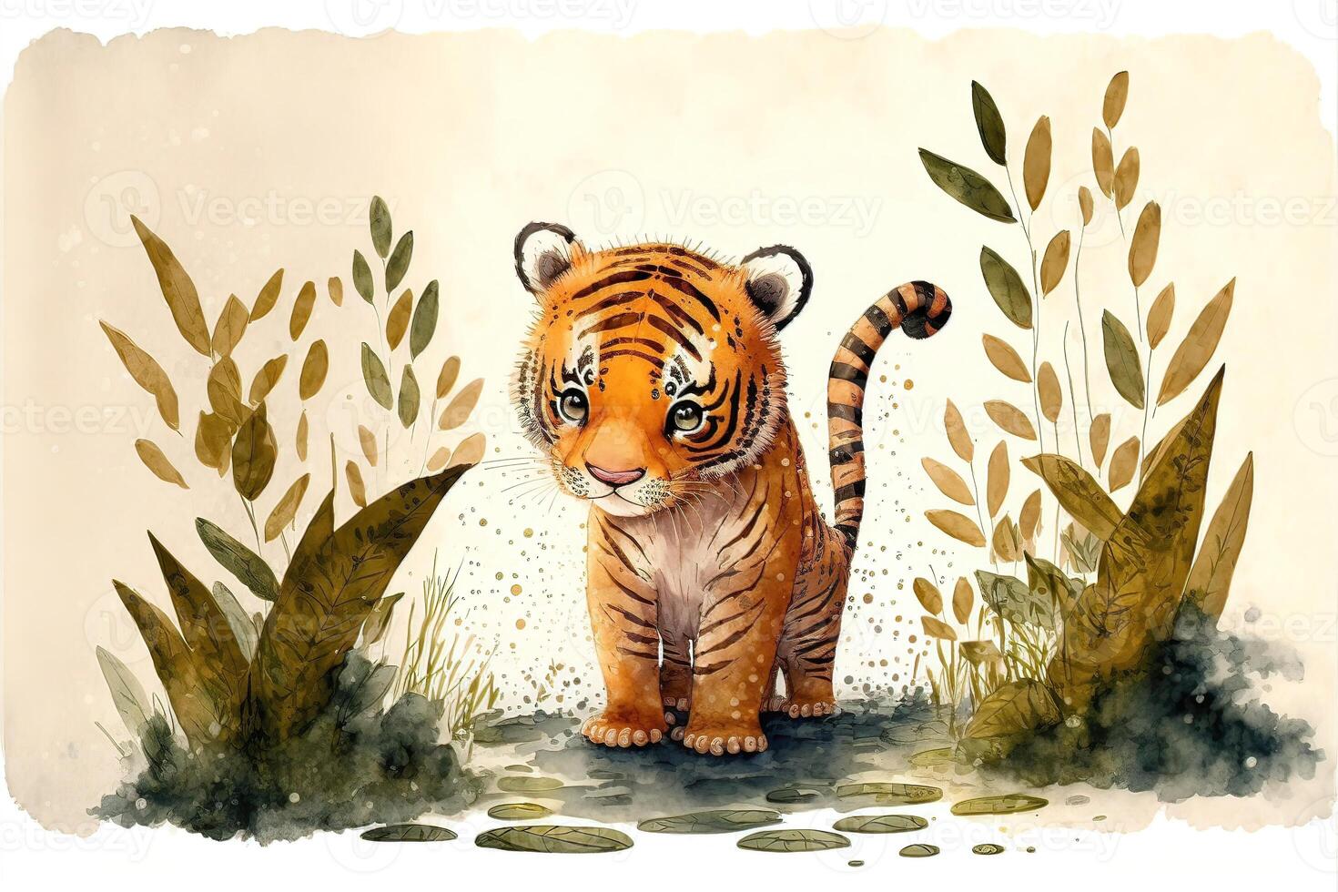 süß Tiger Jungen Stehen im das Mitte von das Wald. Aquarell Gemälde von süß Tiger Jungen wild Tiere. ai generiert foto