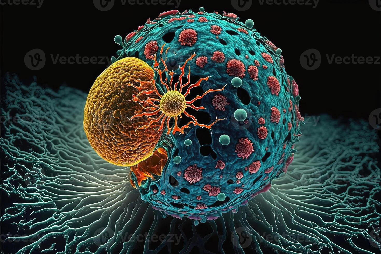 Krebs Zelle angreifen Ein weiterer Zelle glühend im das dunkel abstrakt Hintergrund. ai generiert foto