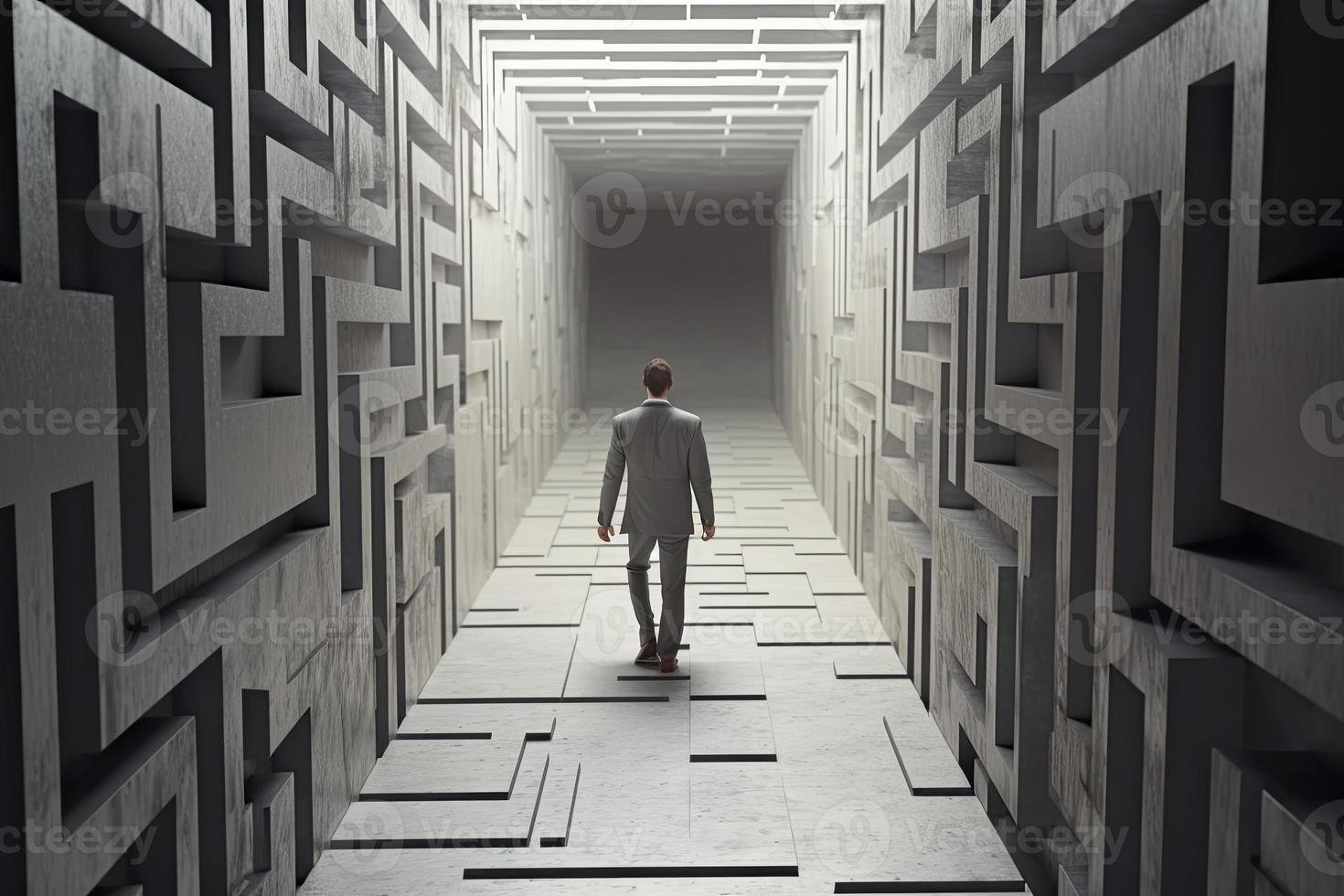 Geschäftsmann Gehen im Labyrinth Zement Mauer zu Erfolg Weg und finden Lösung foto