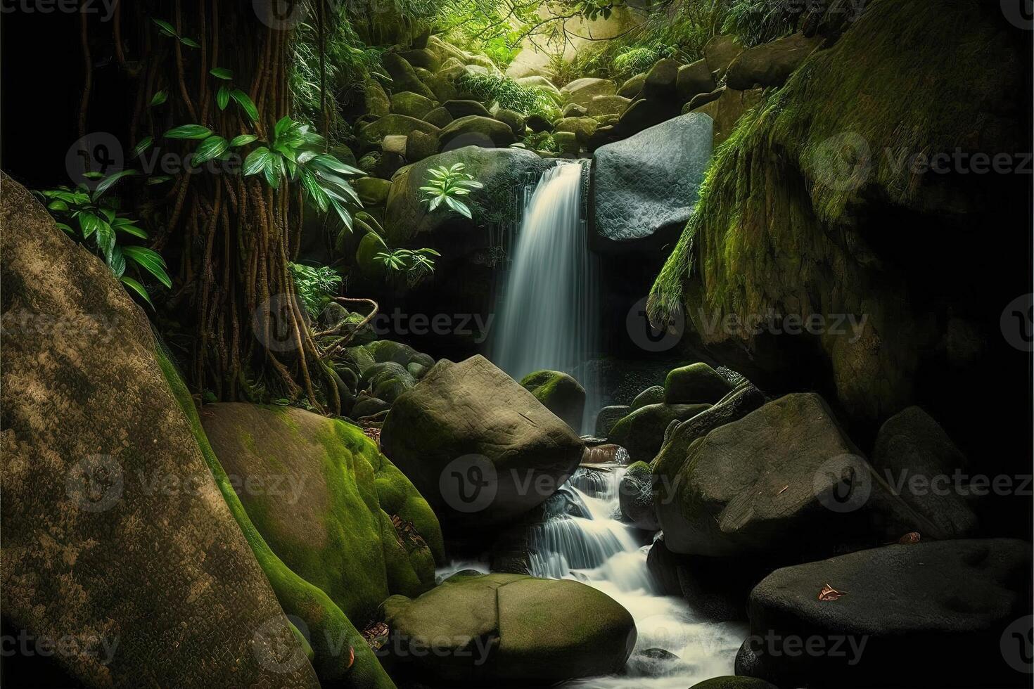 ai generiert tropisch Wasserfall mit Baum Wurzeln, Felsen und Grün Moos. foto