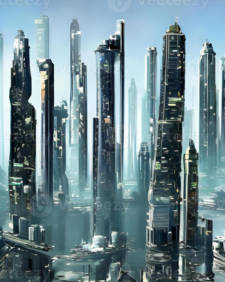 ai generiert, sci fi Zukunft Stadtbild von einzigartig futuristisch Gebäude die Architektur mit Stahl Metall und Zukunft Glas Materialien, LED Beleuchtung, Träume Bild foto