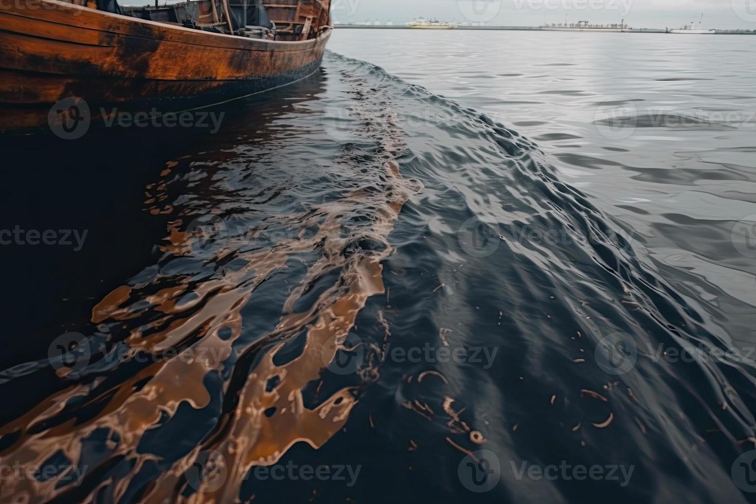 Öl Leck von Schiff , Öl verschütten Verschmutzung verschmutzt Wasser Oberfläche Wasser Verschmutzung wie ein Ergebnis von Mensch Aktivitäten foto