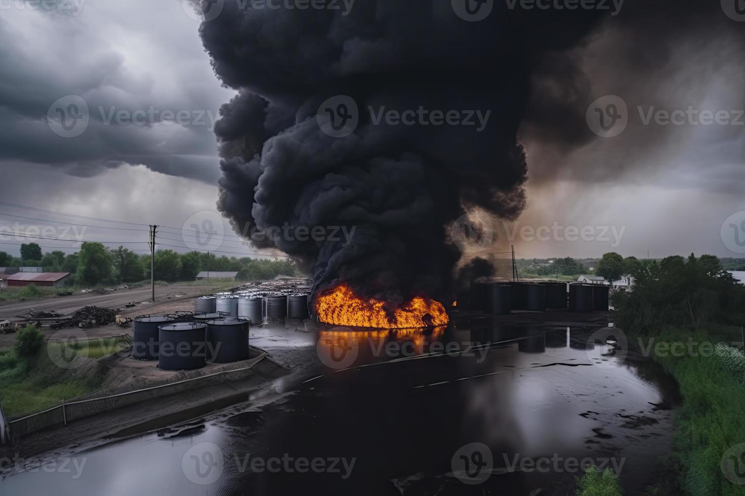 Öl Lager Feuer. das Panzer Bauernhof ist Verbrennung, schwarz Rauch foto