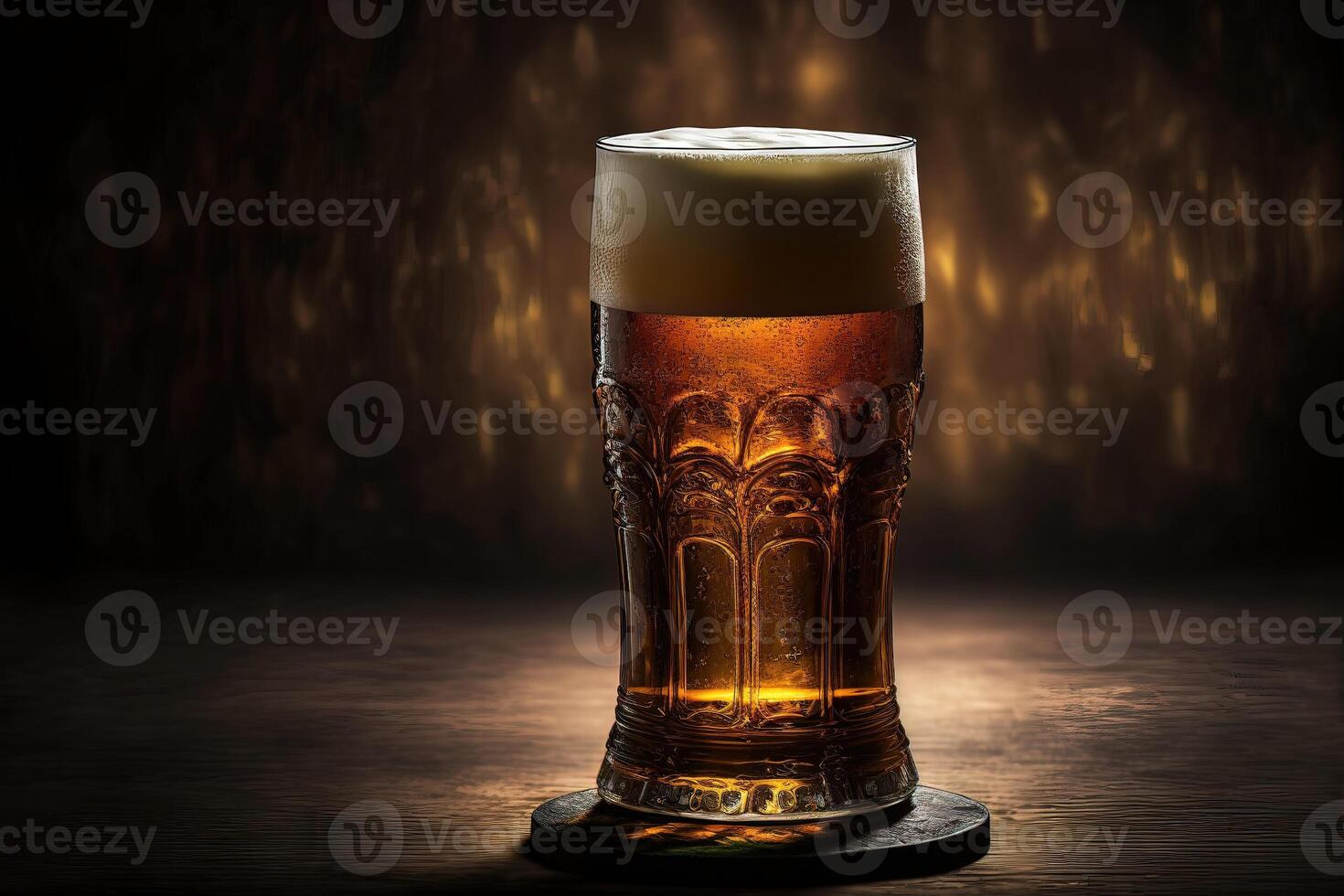 ai generiert Glas von Licht Bier auf dunkel Kneipe verschwommen Hintergrund. schließen oben foto