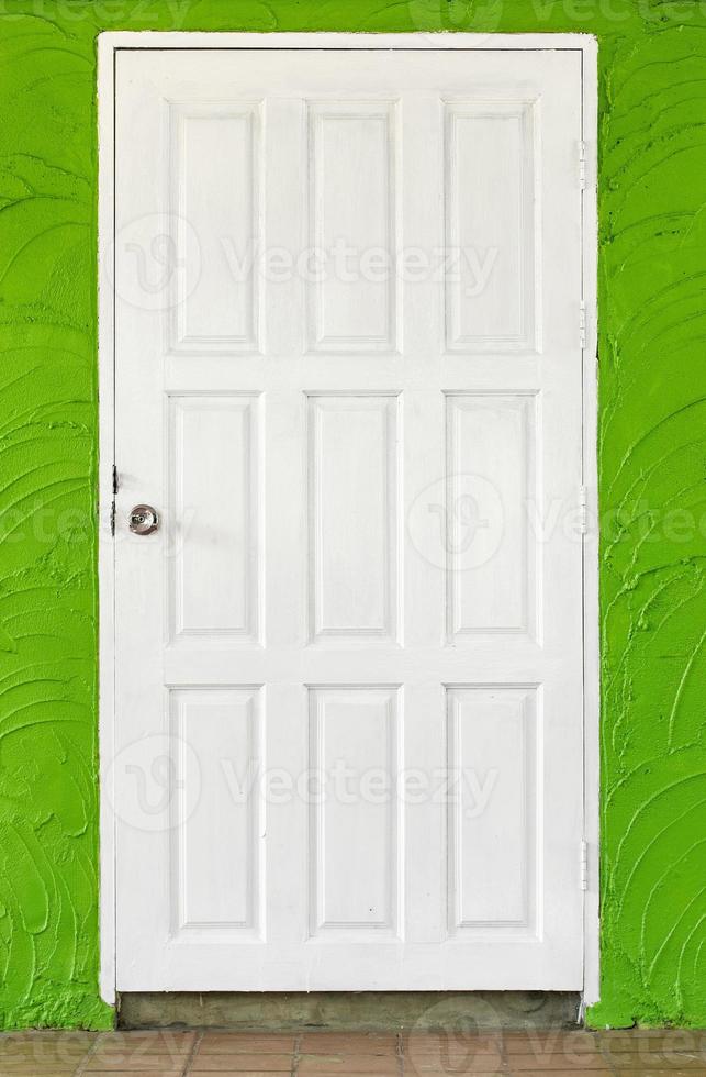 Weiß hölzern Tür im Grün Beton Mauer Hintergrund foto