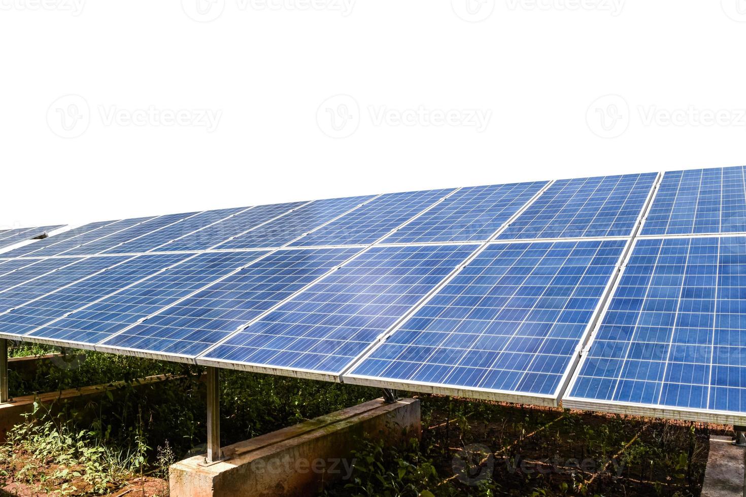Solarmodul-Panels mit grünem Gras isoliert auf weißem Hintergrund mit Beschneidungspfad. Umweltenergiekonzept. foto