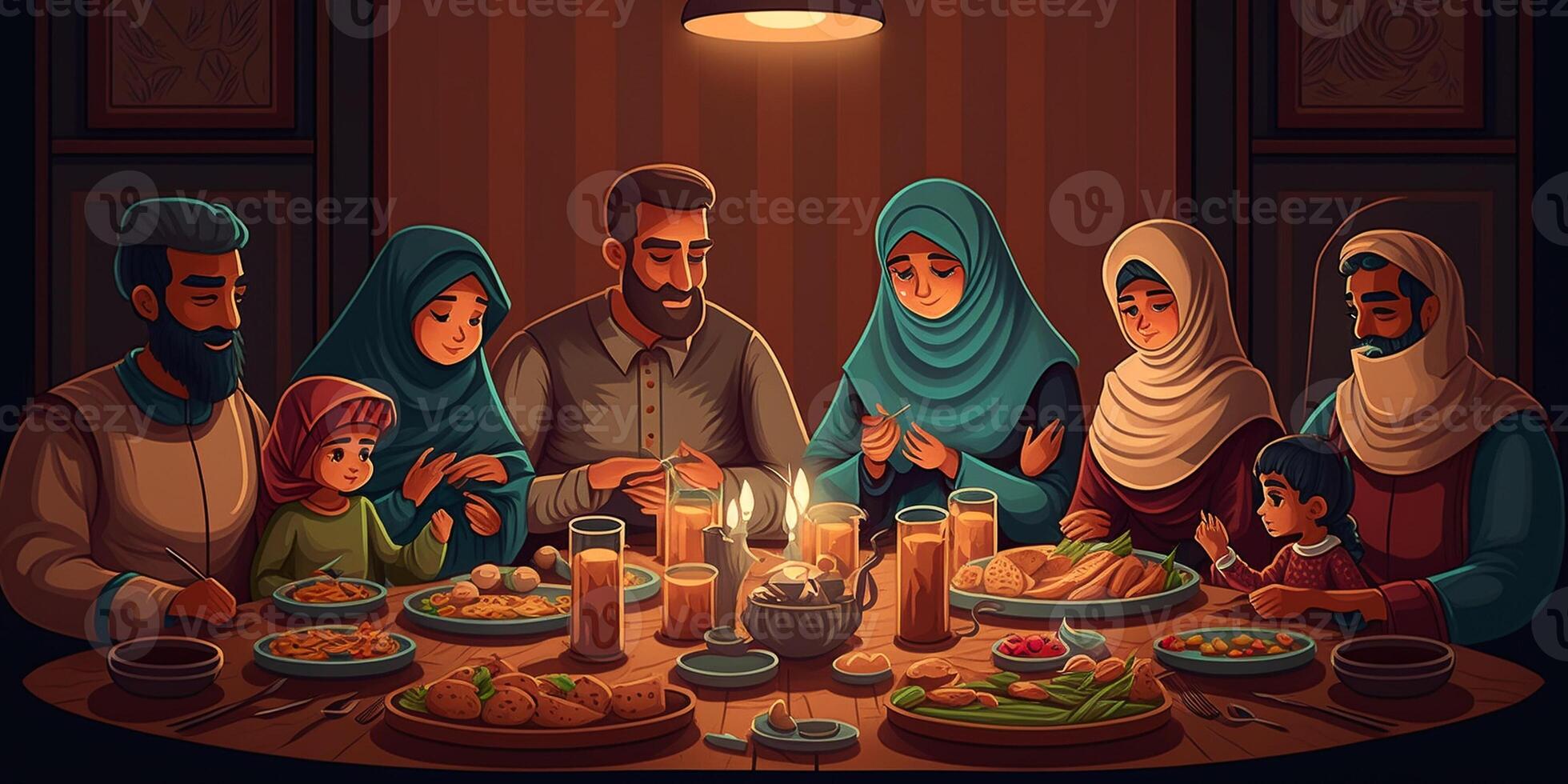 warm und Zusammengehörigkeit beim Iftar, Familie Porträt, generativ ai foto