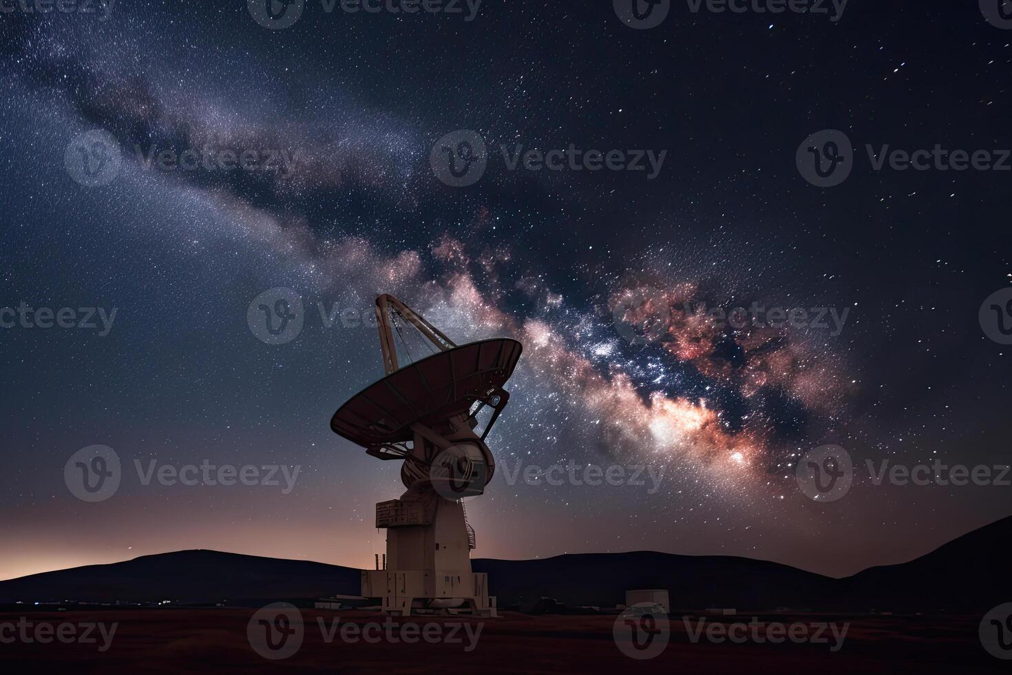 Radio Teleskop beim sternenklar Nacht mit milchig Weg Galaxis. Antenne zum von Raum Signale Forschung. Raum Observatorium. erstellt mit generativ ai foto