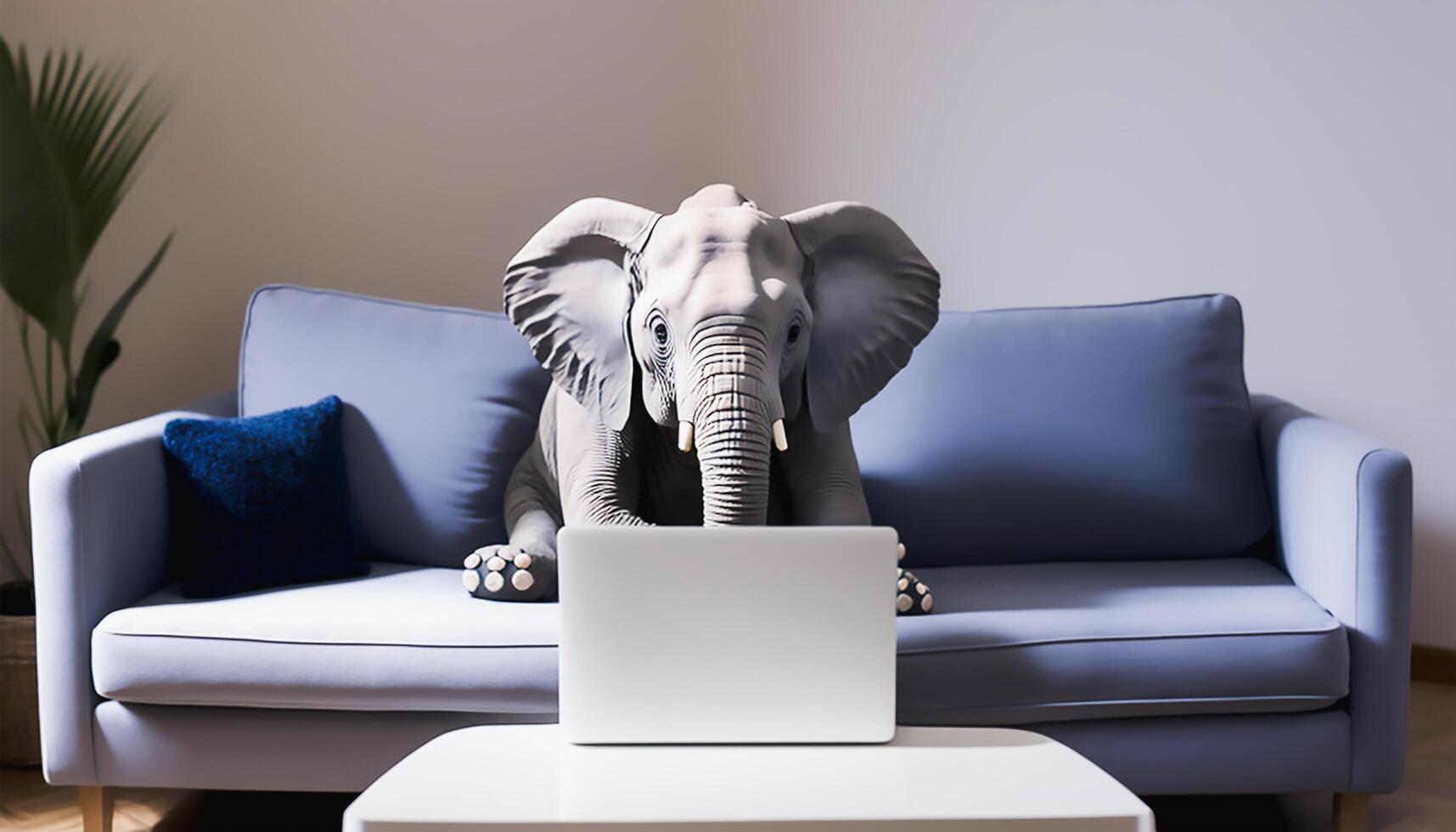 klein Elefant verwenden Laptop Computer auf Sofa im sauber hell Leben Zimmer, Lernen online und Wissen Bildung Konzept, generativ ai foto