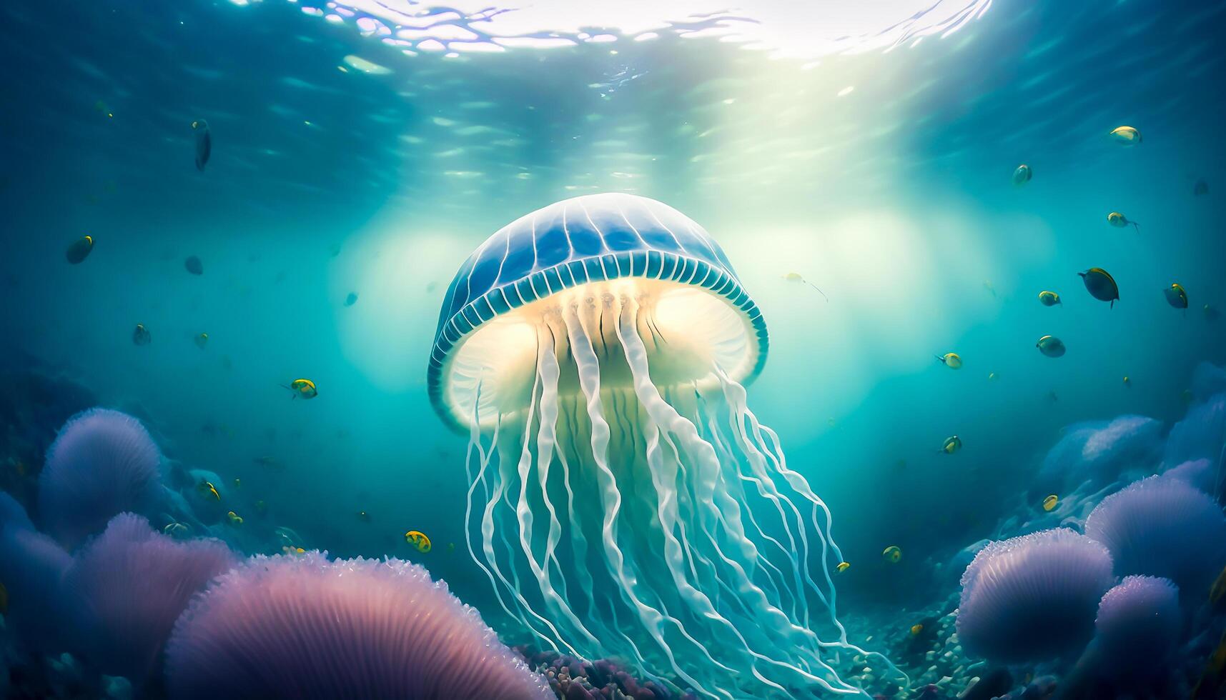 Qualle Schwimmen im tief Meer, generativ ai foto