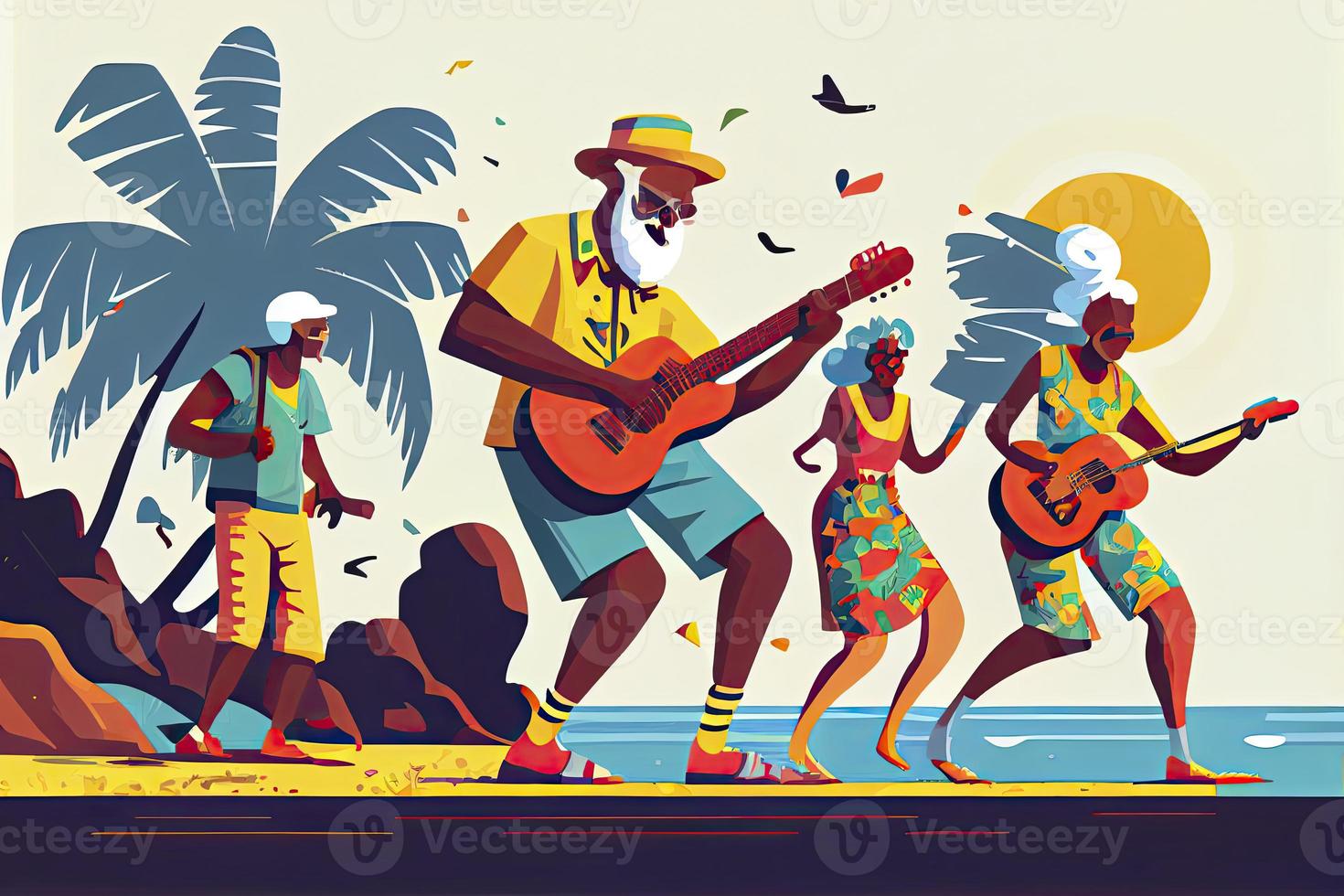 alt und jung Menschen Tanzen auf Strand zu Mann spielen gitarre foto