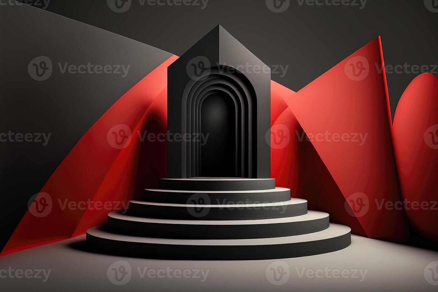 ai generiert abstrakt geometrisch schwarz Podium mit rot Hintergrund. foto