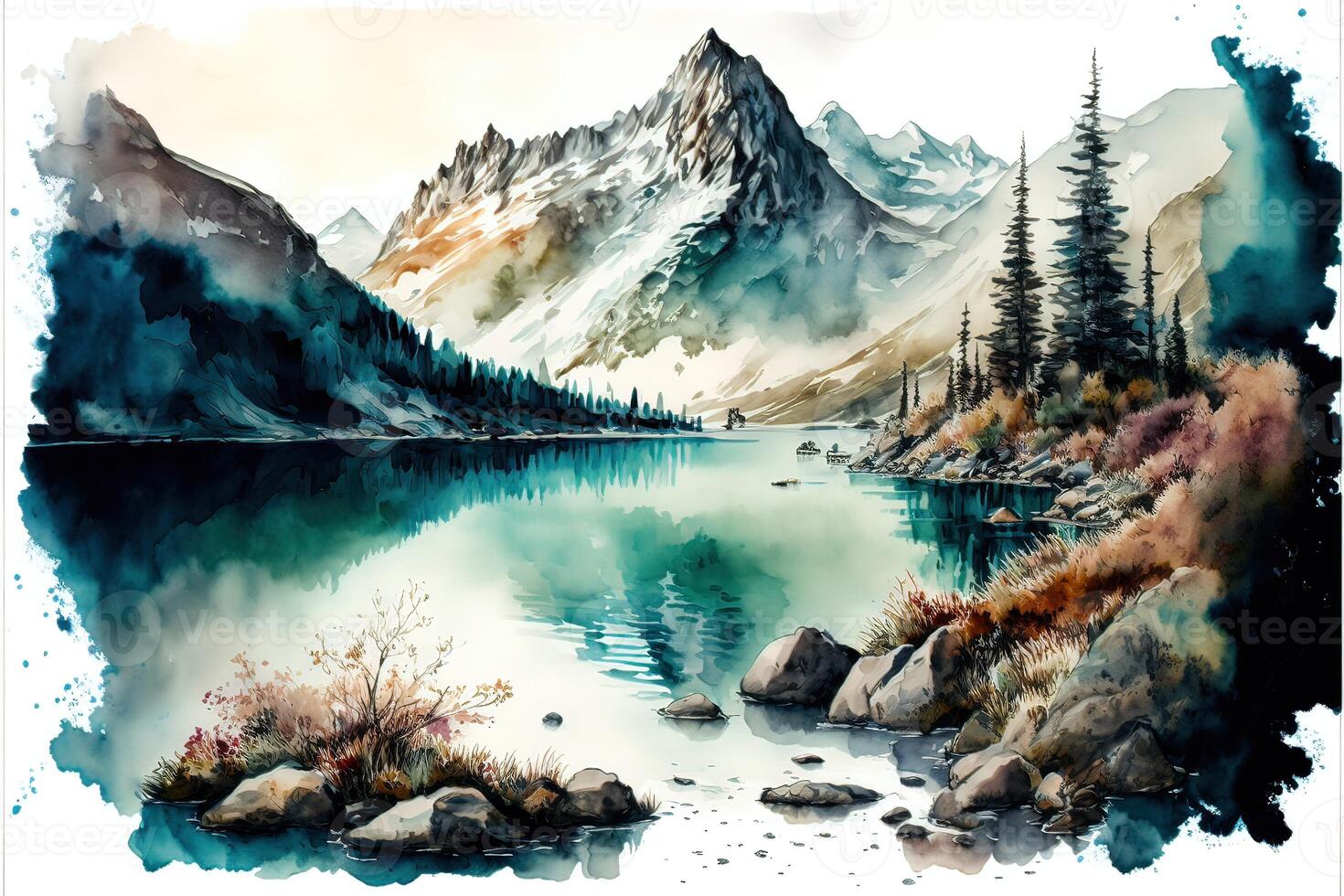 ai generiert schön Aquarell Gemälde von See, Berge und Bäume. foto