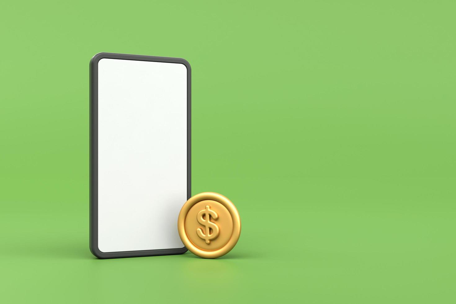 Telefon Weiß Bildschirm mit Gold Münzen auf Grün Hintergrund, Konzept von Handy, Mobiltelefon online Einkaufen, 3d Rendern foto