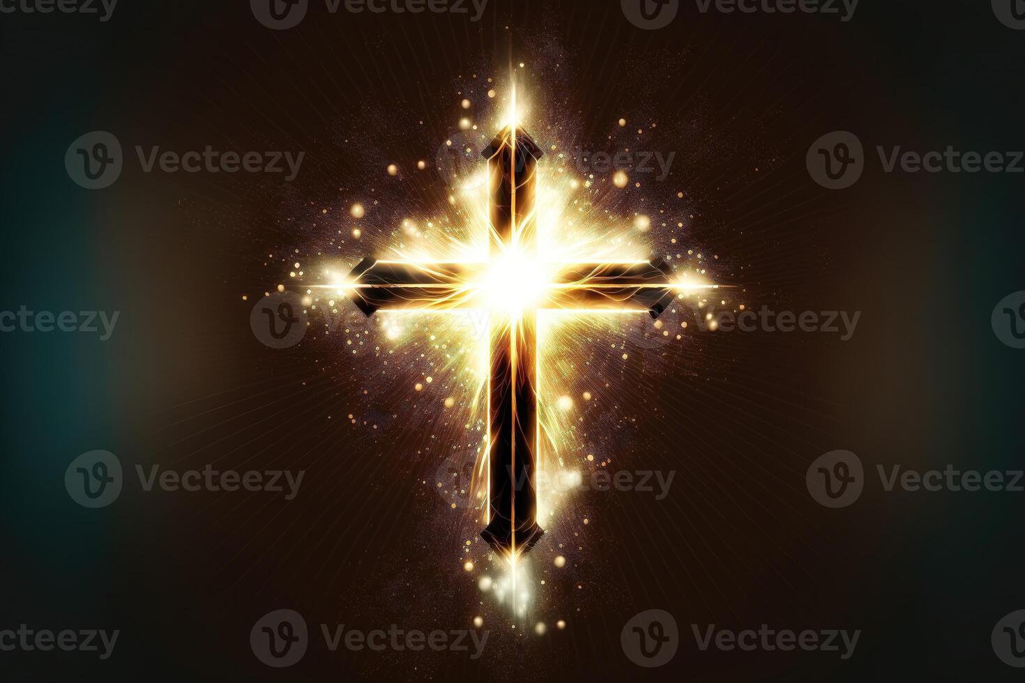 ai generiert religiös Kreuz im abstrakt Hintergrund mit leuchtenden Gold funkelt und strahlend Beleuchtung. Symbolismus von Himmel oder das Auferstehung. foto