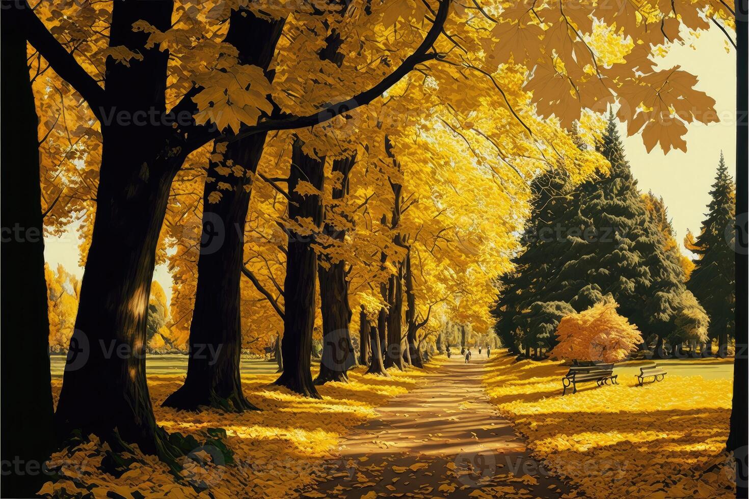 ai generiert Herbst Blätter im das Park abstrakt Hintergrund. Herbst Park Weg beim Sonnenuntergang. foto