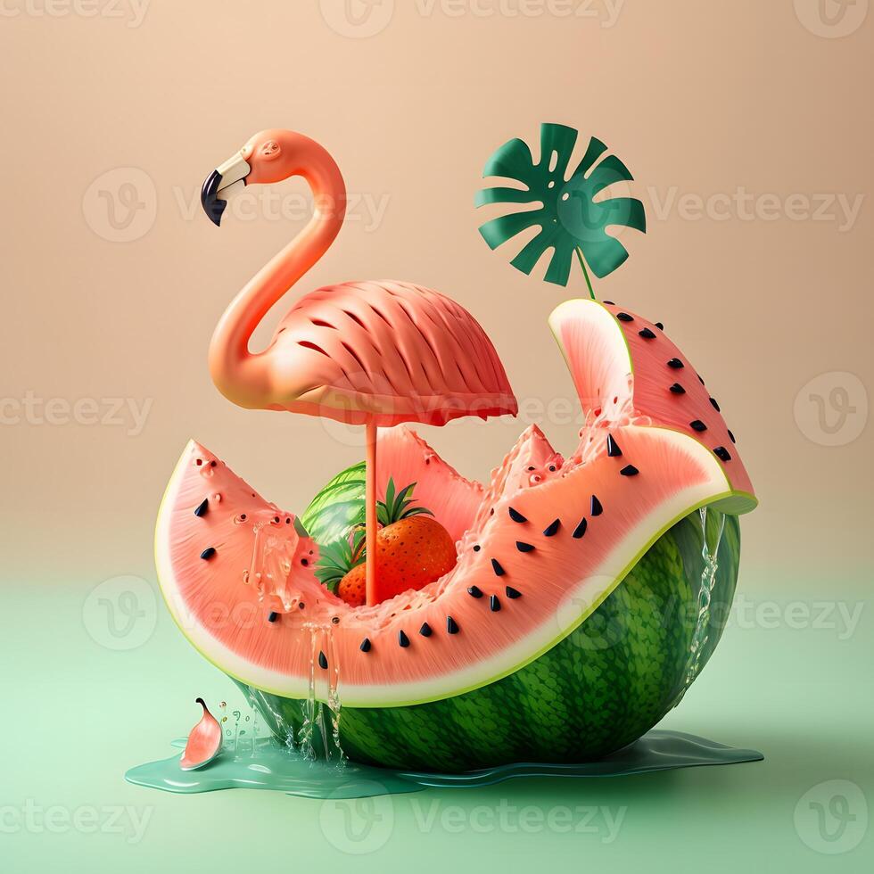 Sommer- festlich Hintergrund. 3d realistisch Illustration. Flamingo Wassermelone, Palme Bäume, Hülse, Wasser Spritzen. ai generiert foto