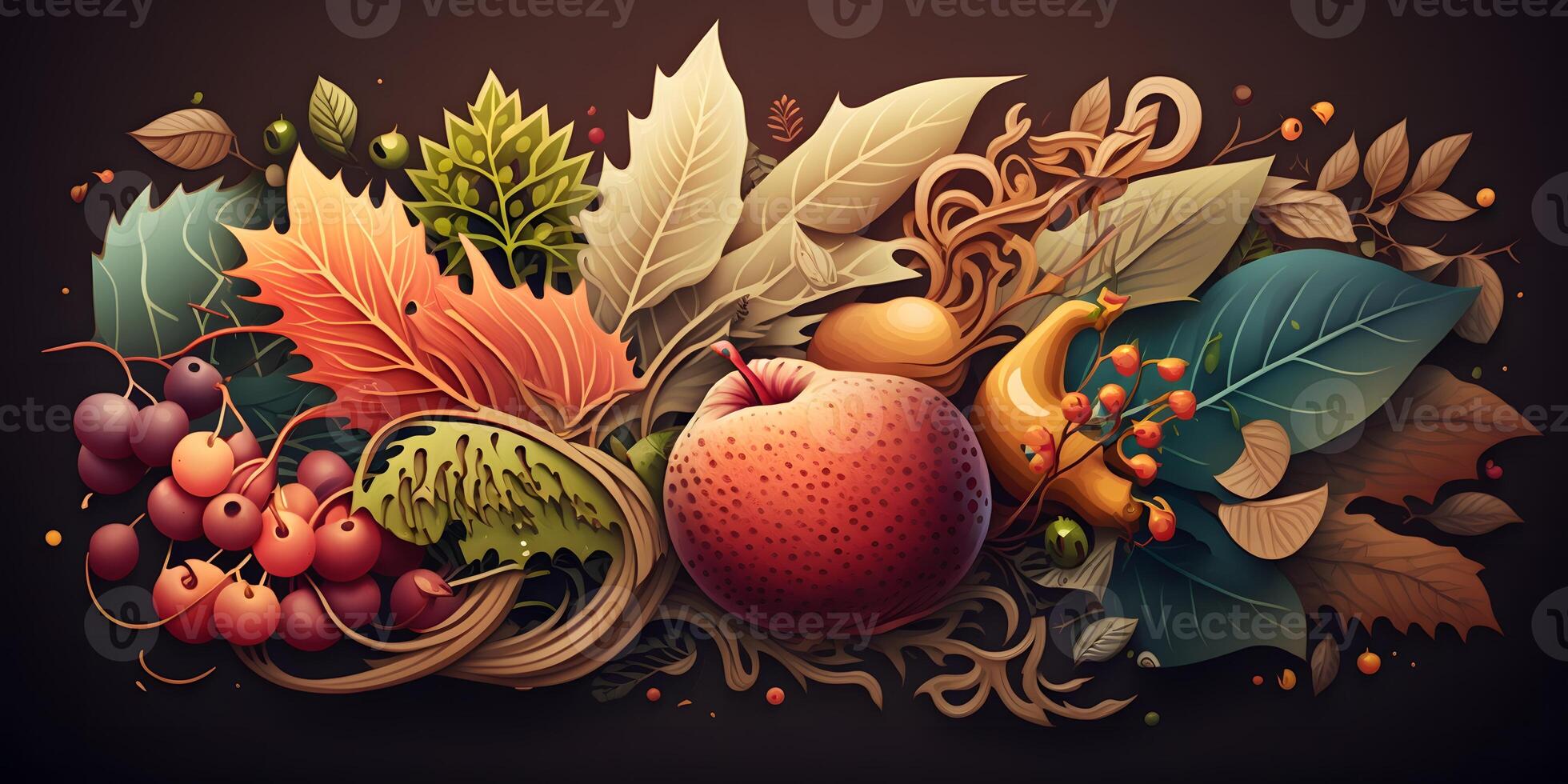 Hintergrund Herbst Früchte und Gemüse, Ernte, Bäume, Blätter, Pflanzen, Traube, Granatäpfel, ai generiert foto