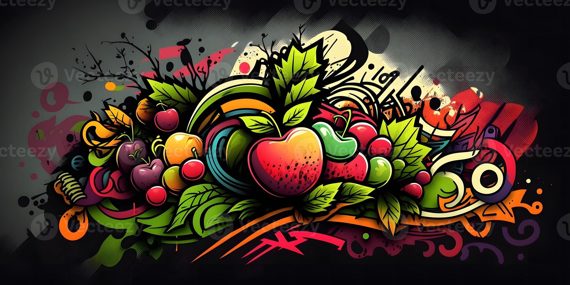 generativ Aifrüchte Graffiti Hintergrund, mischen Obst Gekritzel mit Straße Kunst Stil , ai generiert foto