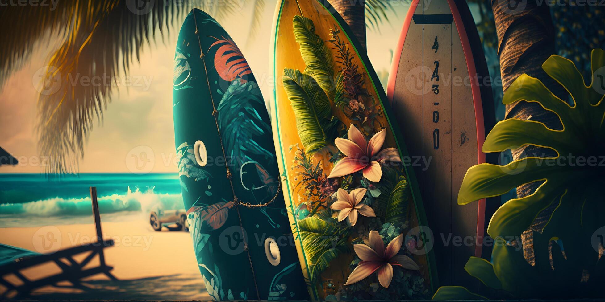 Surfbrett und Strand Palme Hintergrund, ai generiert foto