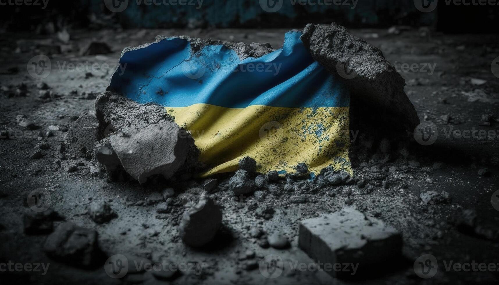 generativ ai, ruiniert Ukraine Banner, ukrainisch Flagge auf gebrochen Beton, geknackt, zerschlagen, Schutt Boden. Nein Krieg Konzept foto