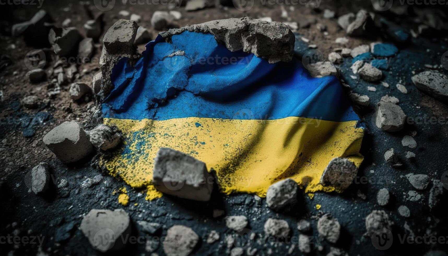 generativ ai, ruiniert Ukraine Banner, ukrainisch Flagge auf gebrochen Beton, geknackt, zerschlagen, Schutt Boden. Nein Krieg Konzept foto