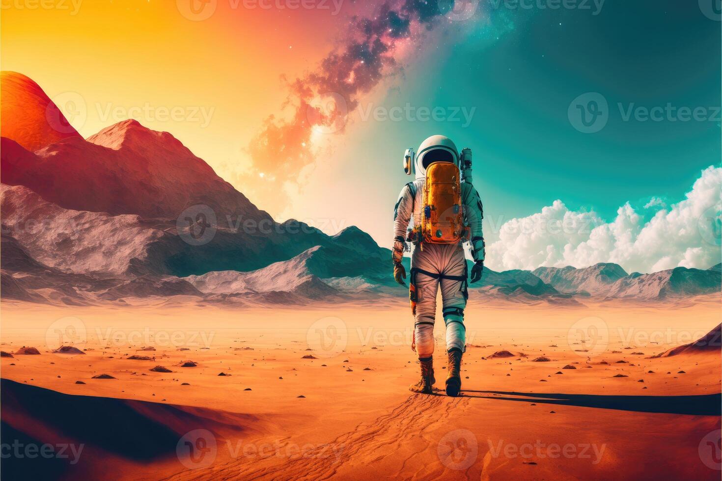 ai generiert Astronaut Gehen über Wüste auf Mars Planet abstrakt Hintergrund foto