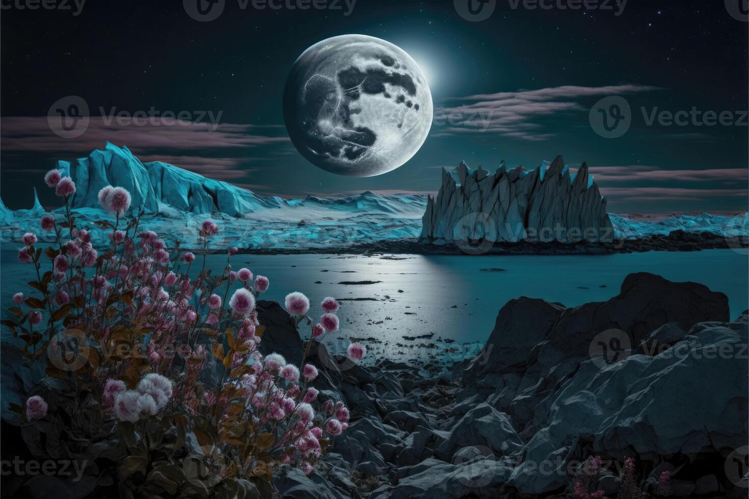 ai generiert Riese Mond scheint hinter kalt Eisberge, gefroren See und Blume Gebüsch abstrakt Hintergrund foto