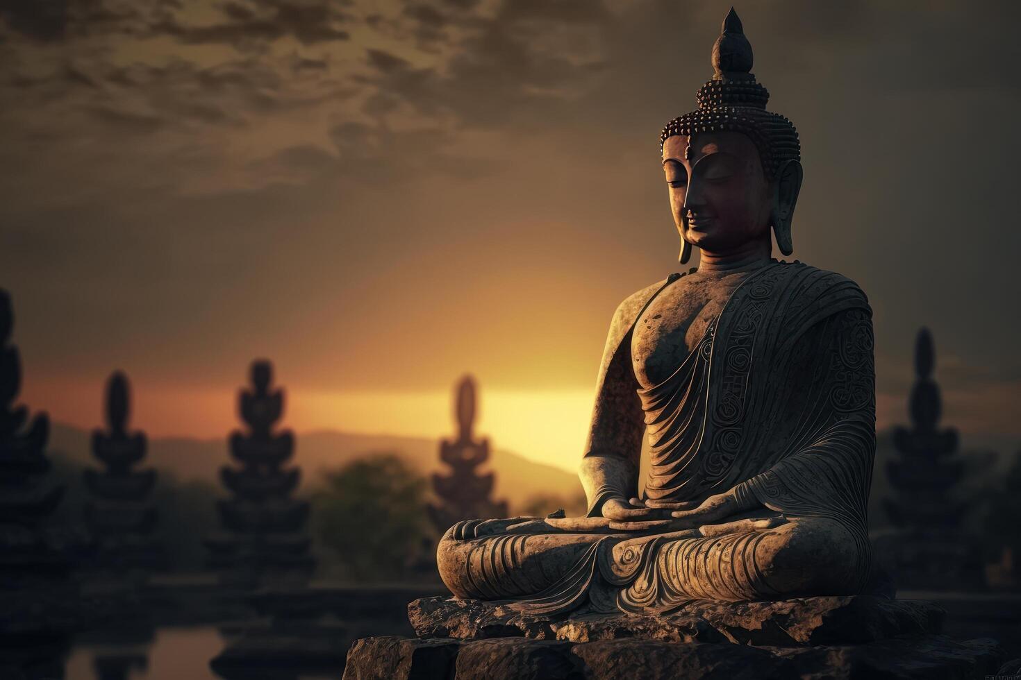 Buddha Statue auf Sonnenuntergang Hintergrund, Buddha Purnima vesak Tag. generativ ai foto