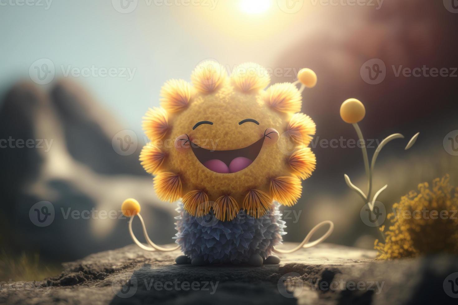 froh Sonne Charakter lachend im Fantasie Welt Hintergrund. erstellt generative ai foto