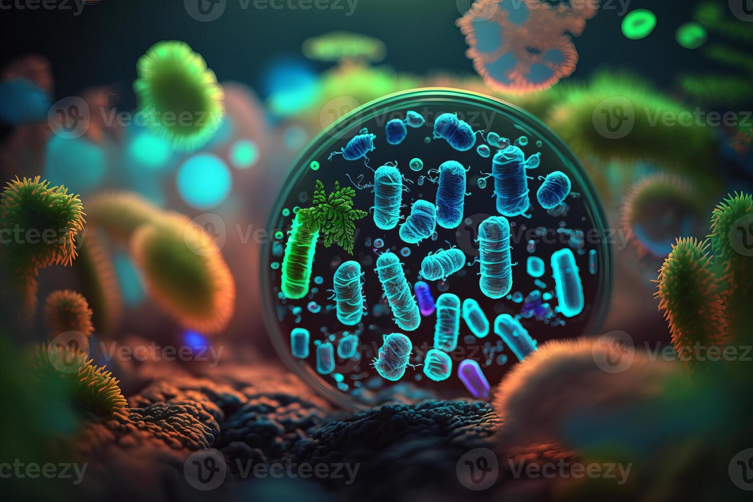 Bakterien Zellen unter Mikroskop Hintergrund, Bakterien Krankheit Epidemie. generativ ai foto