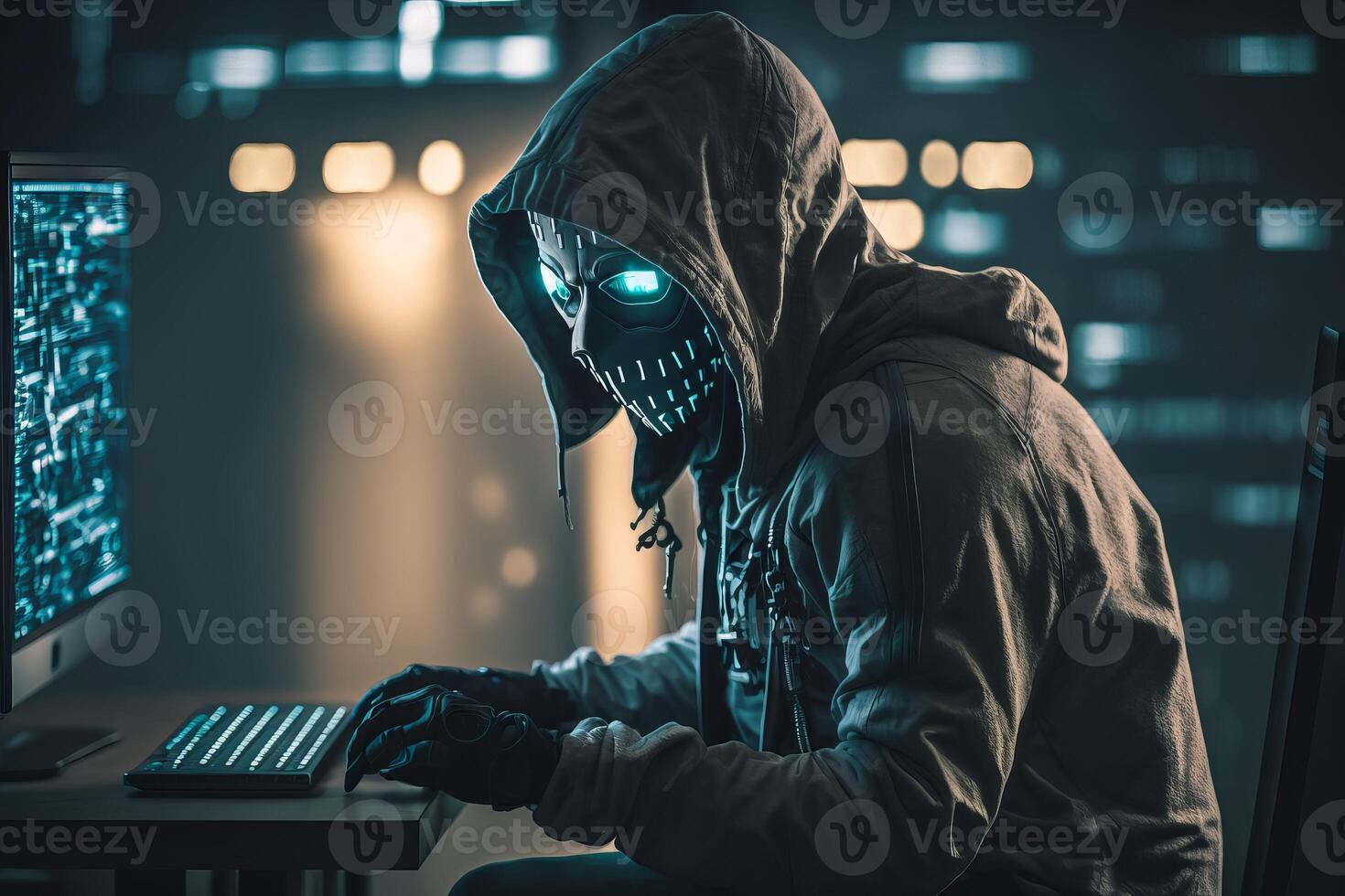 mit Kapuze Hacker mit Maske mit Laptop brechen oder Attacke in Daten Server. hacken, Codierung oder Malware Konzept. generativ ai foto