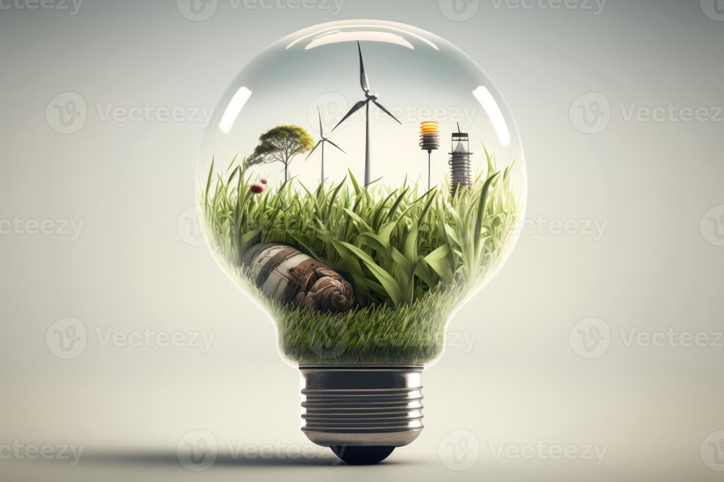 Licht Birne mit Wind Turbine und Grün Gräser innen, Grün und nachhaltig Energie Konzept. generativ ai foto