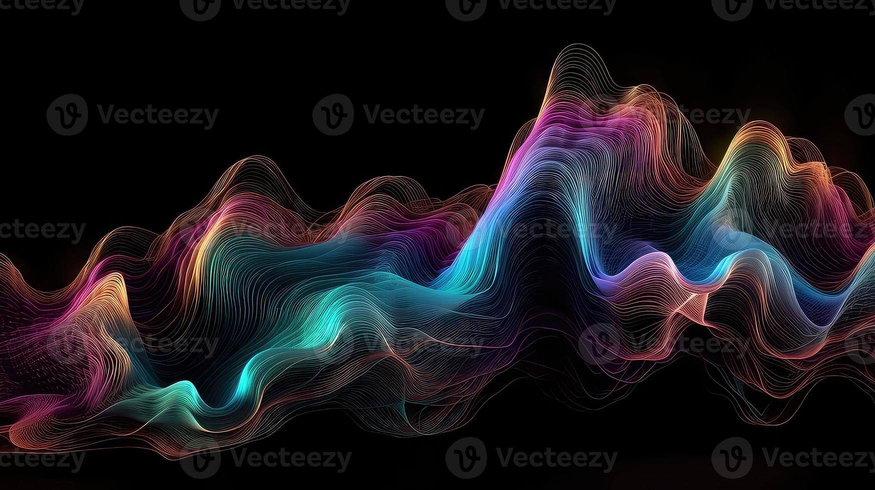 abstrakt Flüssigkeit 3d machen holographisch irisierend Neon- gebogen Welle im Bewegung dunkel Hintergrund. foto