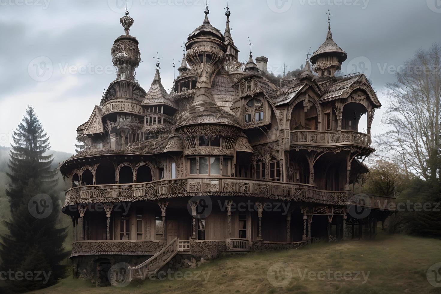 ein hölzern Schloss im das Mitte von das Wildnis foto