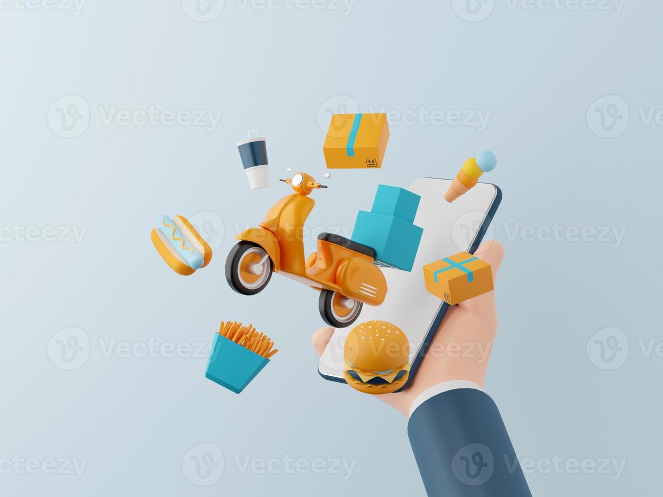 Essen Lieferung Anwendung online auf Handy, Mobiltelefon, Geschäftsmann halten Smartphone mit Roller und Essen, 3d Illustration foto