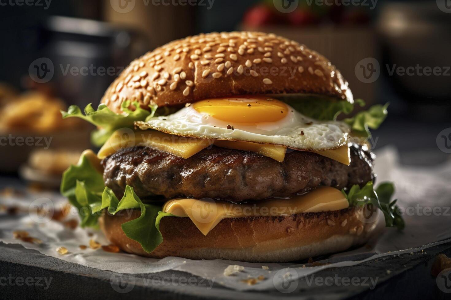 köstlich Burger auf das Tisch, erstellt mit generativ ai foto