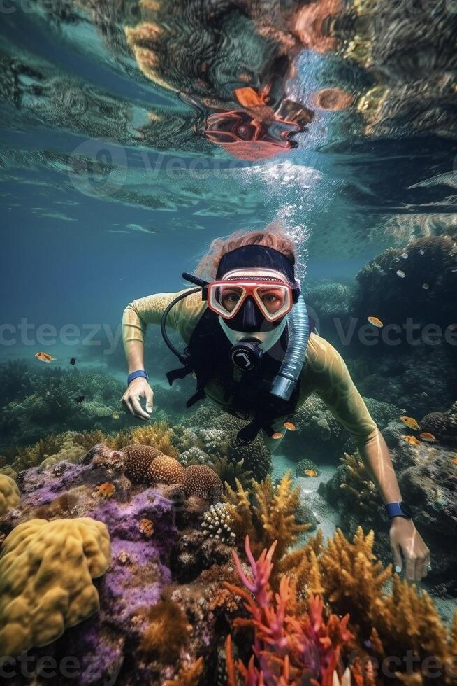 Schnorchel Tauchen beim tropisch Koralle Riff, erstellt mit generativ ai foto
