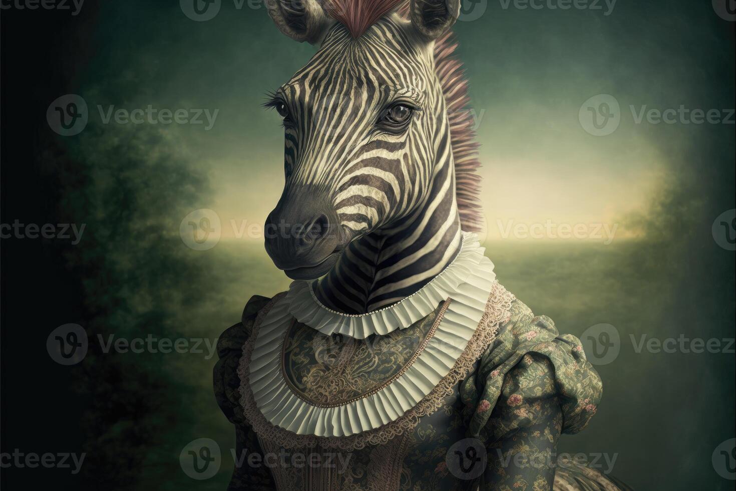 Porträt von Zebra im ein viktorianisch Kleid. ai generiert foto