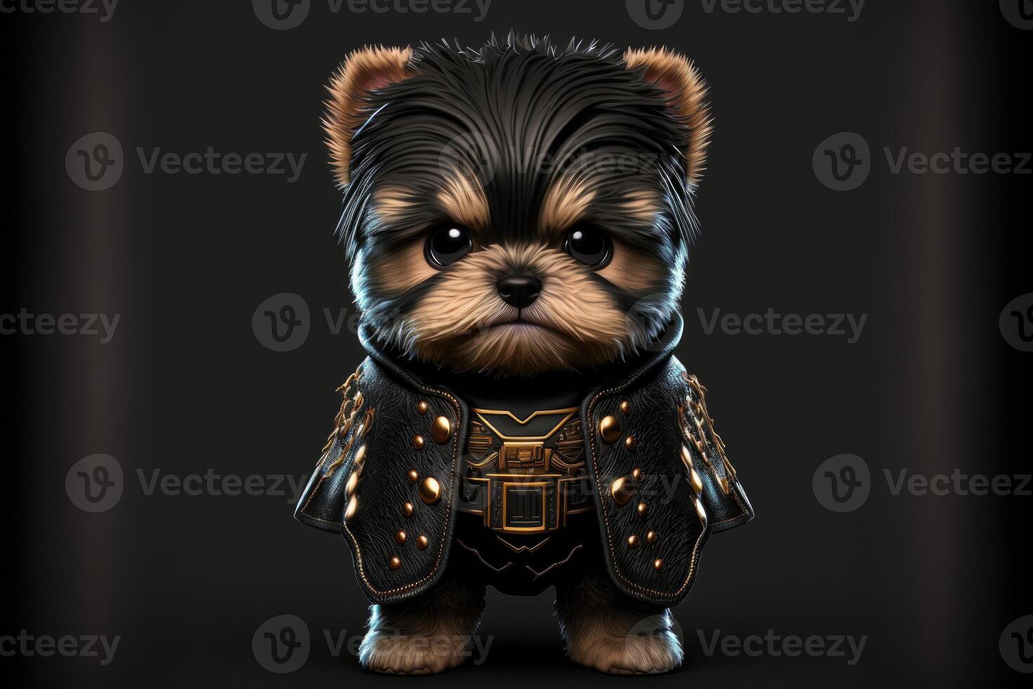ai generiert süß Hund im Krieger Maskottchen Kostüm auf schwarz Hintergrund. 12 Chinesisch Tierkreis Zeichen Horoskop Konzept. foto