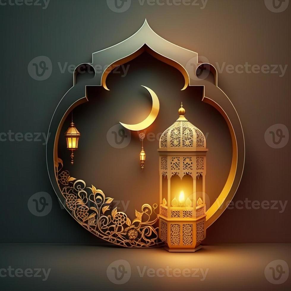 glänzend golden leuchtenden Bokeh Laterne. Muslim heilig Monat Ramadan kareem mit Gelb und orange backgrou foto