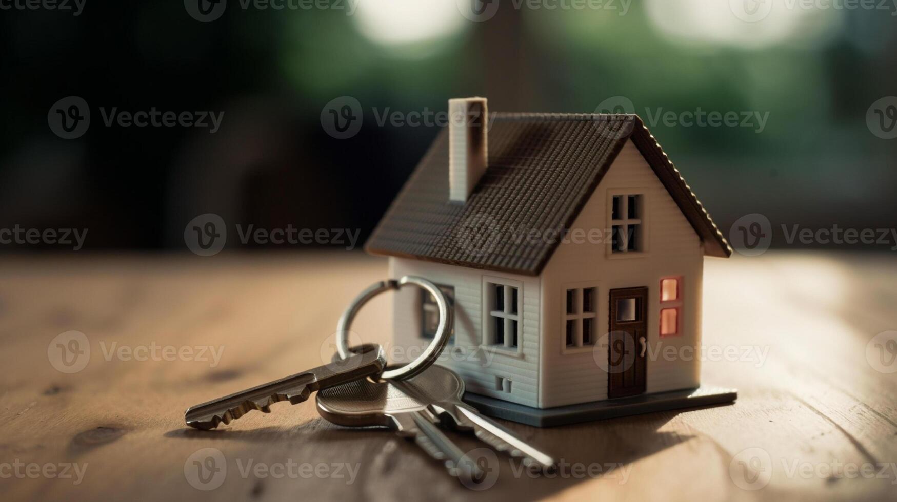 Miniatur Haus mit Schlüssel auf hölzern Hintergrund. echt Nachlass Konzept., ai generiert Kunstwerk foto